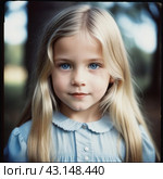Portrait of a small beautiful pretty Caucasian girl with long blond flowing hair, blue eyes and chubby cheeks. Child outdoors. Direct, intelligent, calm, curious look. Childhood, retro vintage. AI. Стоковое AI-изображение, AI-художник Юлия Петровская / Фотобанк Лори