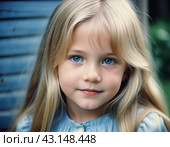 Portrait of a small beautiful pretty Caucasian girl with long blond flowing hair, blue eyes and chubby cheeks. Child outdoors. Direct, intelligent, calm, curious look. Childhood, retro vintage. AI. Стоковое AI-изображение, AI-художник Юлия Петровская / Фотобанк Лори