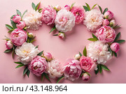 A heart-shaped frame with beautiful peony flowers on a pastel pink background. Flat layout, top view, place to copy, summer flowers. Стоковое AI-изображение, AI-художник Photojuli / Фотобанк Лори