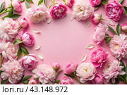 A frame with beautiful peony flowers on a pastel pink background. Flat layout, top view, place to copy, summer flowers. Стоковое AI-изображение, AI-художник Photojuli / Фотобанк Лори