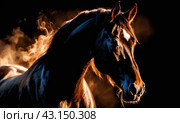 Artistically lit horse head with thick smoke and fumes on black background. Beautiful alert black brown stallion horse in fog mist smoke looking curious worried free majestic regal mythological, AI. Стоковое AI-изображение, AI-художник Sergey Grishin / Фотобанк Лори