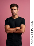 Dissatisfied young man looking unpleasantly away, expresses aversion, smirking at pink background. Guy in black t-shirt scared, negative face expressions concept. Advertising. Copy text space. Стоковое AI-изображение, AI-художник Aleksandr Golubev / Фотобанк Лори