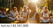 A group of women meditate in a forest clearing in the morning sun. Стоковое AI-изображение, AI-художник Ярославский Максим / Фотобанк Лори