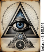 The Eye of Providence or All-Seeing Eye. Symbol depicting an eye, enclosed in triangle and surrounded by ray of light or halo, intended to represent Providence, eye watches over workers of mankind. AI. Стоковое AI-изображение, AI-художник Юлия Петровская / Фотобанк Лори