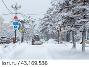 Уборка снега на улице во время снегопада. Много снега на тротуаре после снежной бури. Холодная снежная погода в северном городе. Магадан, Магаданская область, Сибирь, Россия. Редакционное фото, фотограф Андрей Степанов / Фотобанк Лори
