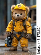 A teddy bear wearing a yellow hard hat and orange construction vest, AI. Стоковое AI-изображение, AI-художник Сергей Старуш / Фотобанк Лори