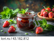A jar of homemade strawberry, healthy jam with mint on a black background. Conservation and harvesting in summer. Стоковое AI-изображение, AI-художник Photojuli / Фотобанк Лори