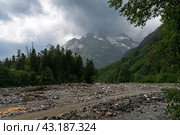 View of the Psysh River and the Amanauz-Bashi Mountain of the Northern Caucasus Mountains near the village of Arkhyz on a sunny summer day, Karachay-Cherkessia, Russia. Стоковое фото, фотограф Ula Ulachka / Фотобанк Лори