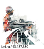Portrait of a young male construction worker in a protective helmet and new roads against the background of urban buildings on a white background. Double exposure. Стоковое AI-изображение, AI-художник Ярославский Максим / Фотобанк Лори
