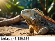 land iguana (Conolophus subcristatus) endemic to Galapagos islands. Lizards (Conolophus) in tropical animal world. Observation of wildlife area. Holiday adventure in Ecuador. Стоковое AI-изображение, AI-художник Aleksandr Golubev / Фотобанк Лори