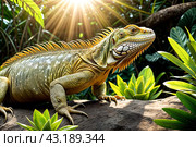 land iguana (Conolophus subcristatus) endemic to Galapagos islands. Lizards (Conolophus) in tropical animal world. Observation of wildlife area. Holiday adventure in Ecuador. Стоковое AI-изображение, AI-художник Aleksandr Golubev / Фотобанк Лори
