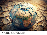 The concept of global warming of the planet earth. Dry and cracked earth, dry due to lack of rain. The effects of climate change. Стоковое AI-изображение, AI-художник Photojuli / Фотобанк Лори