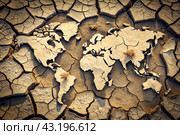 The concept of global warming of the planet earth. Dry and cracked earth, dry due to lack of rain. The effects of climate change. Стоковое AI-изображение, AI-художник Photojuli / Фотобанк Лори