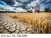 The concept of global warming on planet Earth. Dry and cracked earth and a field of wheat. The farmer's wheat crop is dead, dead, withered. The effects of climate change. Стоковое AI-изображение, AI-художник Photojuli / Фотобанк Лори