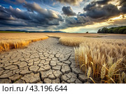 The concept of global warming on planet Earth. Dry and cracked earth and a field of wheat. The farmer's wheat crop is dead, dead, withered. The effects of climate change. Стоковое AI-изображение, AI-художник Photojuli / Фотобанк Лори