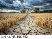 The concept of global warming on planet Earth. Dry and cracked earth and a field of wheat. The farmer's wheat crop is dead, dead, withered. The effects of climate change. Стоковое AI-изображение, AI-художник Photojuli / Фотобанк Лори