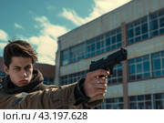 A teenager walking with a gun on the background of the school, school shootings concept, school violence. Стоковое AI-изображение, AI-художник Anastacia Gaikova / Фотобанк Лори