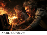 Two people, presumably father and son, in front of computers in a state of extreme excitement and stress. The father, with a furious expression on his face, screams and grips the keyboard tightly, while the son looks shocked and worried. Both are focused on their computer screens, which suddenly light up, creating a dramatic and chaotic scene. Flames and sparks are visible around them, adding to the atmosphere of disaster and tension. Fire lighting adds vibrant and dramatic contrasts to the image. Стоковое AI-изображение, AI-художник Анна Кривицкая / Фотобанк Лори