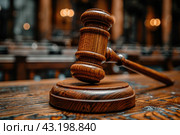 Judges gavel on wooden desk. Law firm concept. Стоковое AI-изображение, AI-художник Ирина Михайличенко / Фотобанк Лори