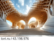Contemporary modern symmetrical structure of metropole parasol roof in square with historical buildings under sunny sky on summer day. Стоковое AI-изображение, AI-художник Ирина Михайличенко / Фотобанк Лори
