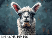 Funny cute Lama head, cute cartoon style drawing. design for poster, sticker, cover, postcard, children book, notebook with copy space. Стоковое AI-изображение, AI-художник Ирина Михайличенко / Фотобанк Лори