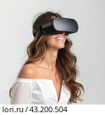 Женщина в очках виртуальной реальности. woman using virtual reality headset, showcasing a blend of technology, white background. Стоковое AI-изображение, AI-художник Katsiaryna Repich / Фотобанк Лори