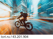 A man on a bicycle on a city street in the middle of the night, blurred lights. Стоковое AI-изображение, AI-художник Ярославский Максим / Фотобанк Лори