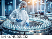 Production of medicines. A pharmacist checks medical vials on an automatic conveyor of a pharmaceutical factory production line using artificial intelligence. Стоковое AI-изображение, AI-художник Photojuli / Фотобанк Лори