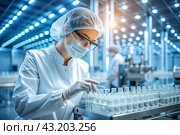 Production of medicines. A pharmacist checks medical vials on an automatic conveyor of a pharmaceutical factory production line using artificial intelligence. Стоковое AI-изображение, AI-художник Photojuli / Фотобанк Лори