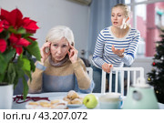 Domestic quarrel between an elderly mother and an daughter on Christmas holidays. Стоковое фото, фотограф Яков Филимонов / Фотобанк Лори
