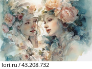 Two young women deep in conversation. Their faces are framed by floral crowns made from delicate pink and cream roses. The women are dressed in light, airy dresses that add romance and tenderness to the image. The painting is made using watercolor technique, which gives the image softness and blurriness, creating an atmosphere of dreaminess and calm. Стоковое AI-изображение, AI-художник Анна Кривицкая / Фотобанк Лори