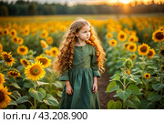 Summer flowering. Portrait of a beautiful curly-haired girl and a green dress in a blooming field of sunflowers Childhood. The girl poses and looks at the camera. Стоковое AI-изображение, AI-художник Photojuli / Фотобанк Лори