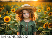 Summer flowering. Portrait of a beautiful curly-haired girl in a straw hat and a green dress in a blooming field of sunflowers Childhood. The girl poses and looks at the camera. Стоковое AI-изображение, AI-художник Photojuli / Фотобанк Лори