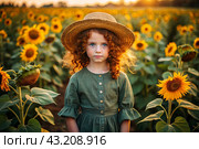 Summer flowering. Portrait of a beautiful curly-haired girl in a straw hat and a green dress in a blooming field of sunflowers Childhood. The girl poses and looks at the camera. Стоковое AI-изображение, AI-художник Photojuli / Фотобанк Лори