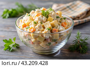 Traditional Russian Olivier salad for a feast on a plate on a wooden countertop. generative AI. Стоковое AI-изображение, AI-художник Photojuli / Фотобанк Лори
