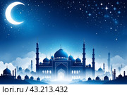 A peaceful scene of Eid AlFitr depicted in blue and white tones. The mosque silhouette is set against a foggy sky with stars dangling elegantly. Стоковое AI-изображение, AI-художник Анна Маркина / Фотобанк Лори