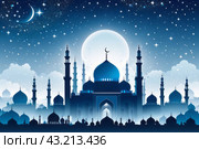 Ethereal Eid AlFitr illustration background with a blend of blue and white hues. A mosque silhouette graces the misty sky with sparkling stars overhead. Стоковое AI-изображение, AI-художник Анна Маркина / Фотобанк Лори
