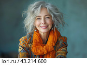 Happy cool old lady portrait, grandmother with extravagant style, fashionable clothes, seniority and elderly people, blue background. Стоковое AI-изображение, AI-художник Станислав Тарко / Фотобанк Лори