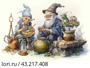 Two wise old wizards sitting at a table surrounded by various magical objects and potions. One of them wears glasses and a pointed hat, and the other wears a blue cap. They are passionate about making potions using antique cauldrons and vessels. On and around the table you can see a variety of objects: books, bottles, lamps, and even a small green creature sitting next to them. Стоковое AI-изображение, AI-художник Анна Кривицкая / Фотобанк Лори