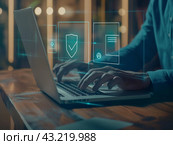 Cybersecurity Concept with Laptop and Digital Icons. Стоковое AI-изображение, AI-художник Кирилл Черезов / Фотобанк Лори