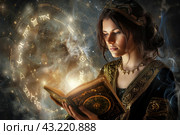 Mystical sorceress reading ancient spellbook. Стоковое AI-изображение, AI-художник Иван Рябоконь / Фотобанк Лори