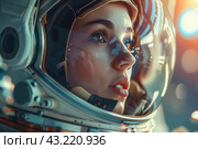 Astronaut woman gazing into space. Стоковое AI-изображение, AI-художник Иван Рябоконь / Фотобанк Лори