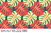 Прямоугольный фон с ярким красочным узором из листьев монстеры. Rectangular background with bright colorful monstera leaves pattern. Редакционная иллюстрация, иллюстратор Ирина Щербакова / Фотобанк Лори