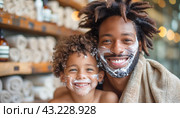 A man and a boy are wearing face masks while traveling, adapting to new safety measures. Стоковое AI-изображение, AI-художник Юрий Поздников / Фотобанк Лори