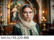 Portrait of a beautiful young woman in a headscarf in an Orthodox church. A girl prays in a church against the background of icons. Стоковое AI-изображение, AI-художник Photojuli / Фотобанк Лори