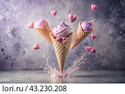 Sweet dessert. The love of ice cream. A heart-shaped ice cream cone with splash, hearts and splashes. The concept of Valentine's Day. Banner, advertisement. Стоковое AI-изображение, AI-художник Photojuli / Фотобанк Лори