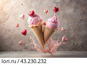 Sweet dessert. The love of ice cream. A heart-shaped ice cream cone with splash, hearts and splashes. The concept of Valentine's Day. Banner, advertisement. Стоковое AI-изображение, AI-художник Photojuli / Фотобанк Лори