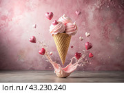 Sweet dessert. The love of ice cream. A heart-shaped ice cream cone with splash, hearts and splashes. The concept of Valentine's Day. Banner, advertisement. Стоковое AI-изображение, AI-художник Photojuli / Фотобанк Лори