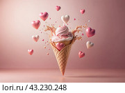 Sweet dessert. The love of ice cream. A heart-shaped ice cream cone with splash, hearts and splashes. The concept of Valentine's Day. Banner, advertisement. Стоковое AI-изображение, AI-художник Photojuli / Фотобанк Лори