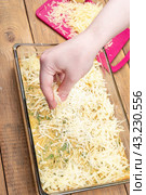 A woman's hand sprinkles grated cheese on a burek. Стоковое фото, фотограф Сергей Долгов / Фотобанк Лори